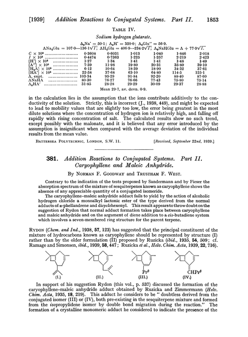 381. Addition reactions to conjugated systems. Part II. Caryophyllene and maleic anhydride