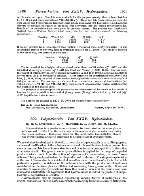 392. Polysaccharides. Part XXXV. Hydrocellulose