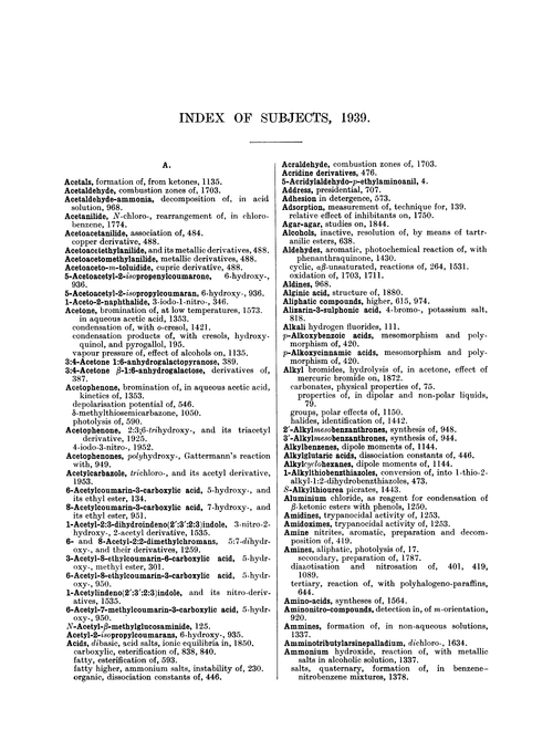 Index of subjects, 1939