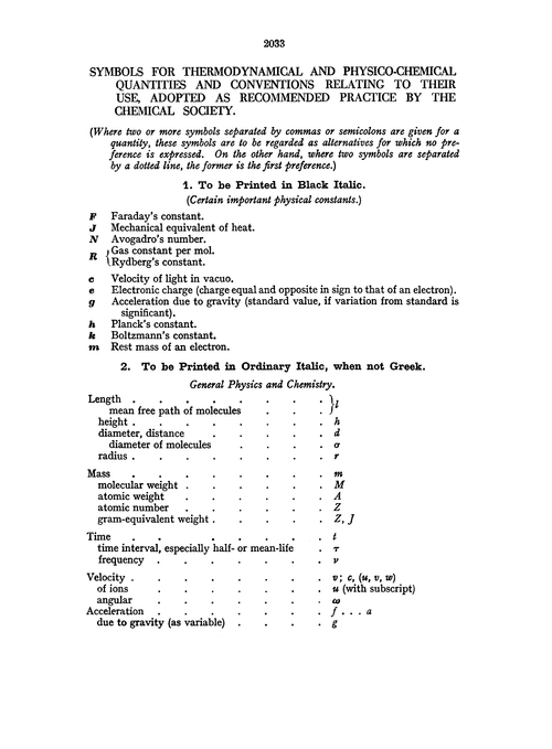 Symbols for thermodynamical and physico-chemical quantities and conventions relating to their use, adopted as recommended practice by the Chemical Society