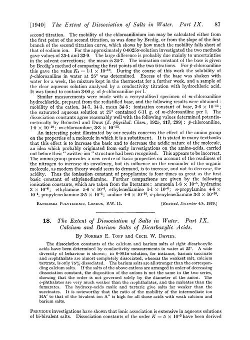 18. The extent of dissociation of salts in water. Part IX. Calcium and barium salts of dicarboxylic acids