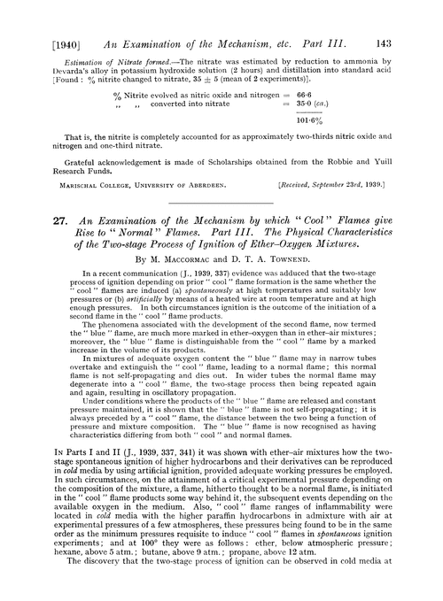 27. An examination of the mechanism by which “cool” flames give rise to “normal” flames. Part III. The physical characteristics of the two-stage process of ignition of ether–oxygen mixtures