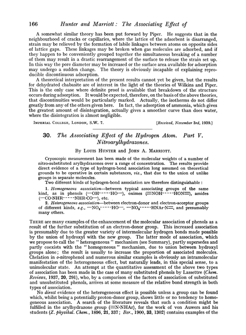 30. The associating effect of the hydrogen atom. Part V. Nitroarylhydrazones