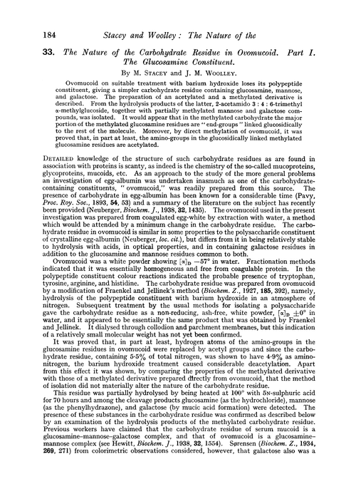 33. The nature of the carbohydrate residue in ovomucoid. Part I. The glucosamine constituent