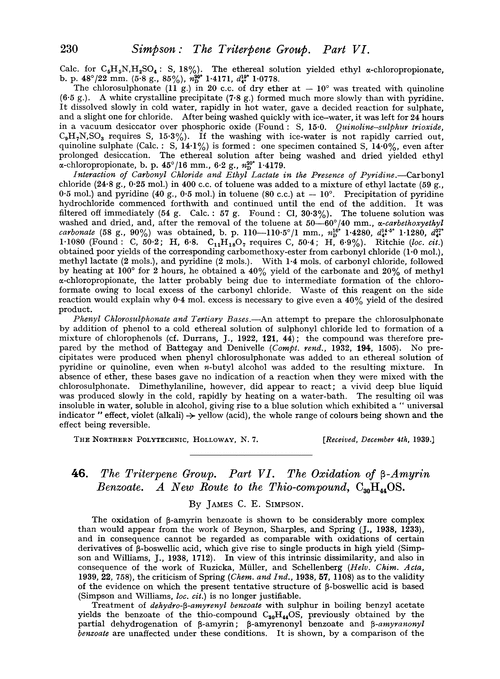 46. The triterpene group. Part.VI. The oxidation of β-amyrin benzoate. A new route to the thio-compound, C30H44OS