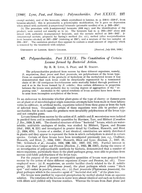 47. Polysaccharides. Part XXXIX. The constitution of certain levans formed by bacterial action