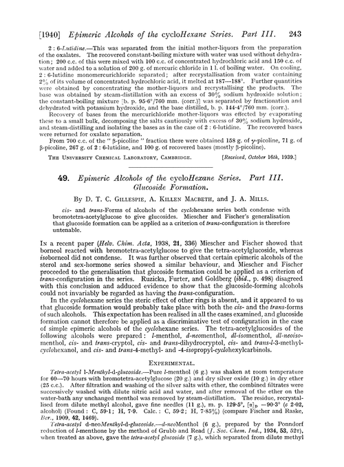 49. Epimeric alcohols of the cyclohexane series. Part III. Glucoside formation