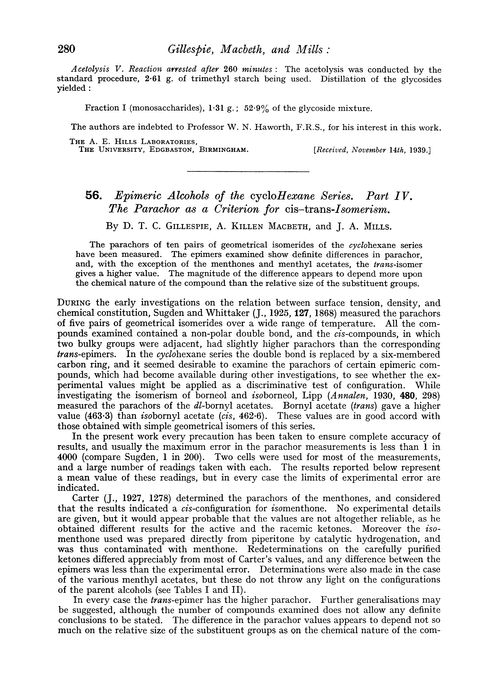 56. Epimeric alcohols of the cyclohexane series. Part IV. The parachor as a criterion for cis–trans-isomerism