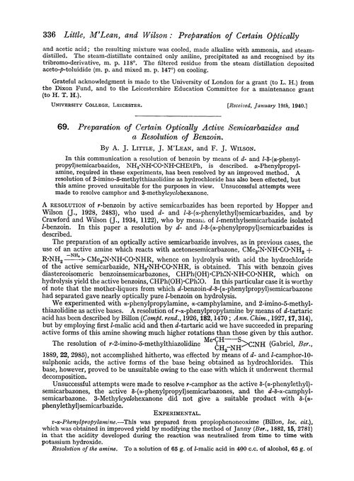 69. Preparation of certain optically active semicarbazides and a resolution of benzoin