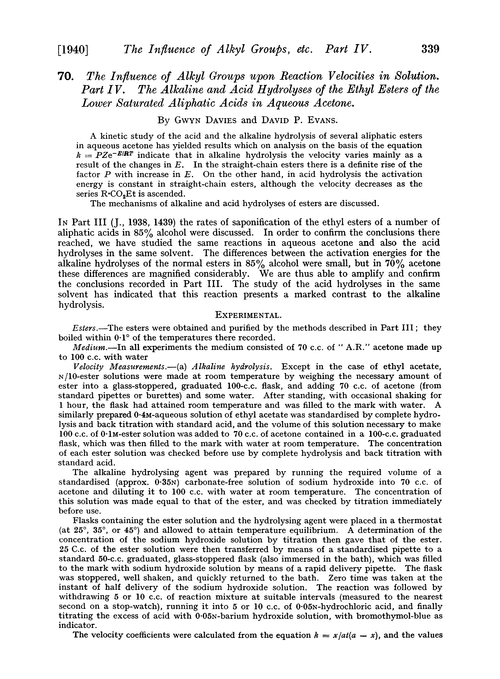 70. The influence of alkyl groups upon reaction velocities in solution. Part IV. The alkaline and acid hydrolyses of the ethyl esters of the lower saturated aliphatic acids in aqueous acetone