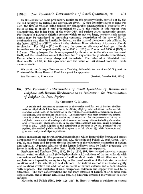 84. The volumetric determination of small quantities of barium and sulphate with barium rhodizonate as an indicator : the determination of sulphur in iron pyrites