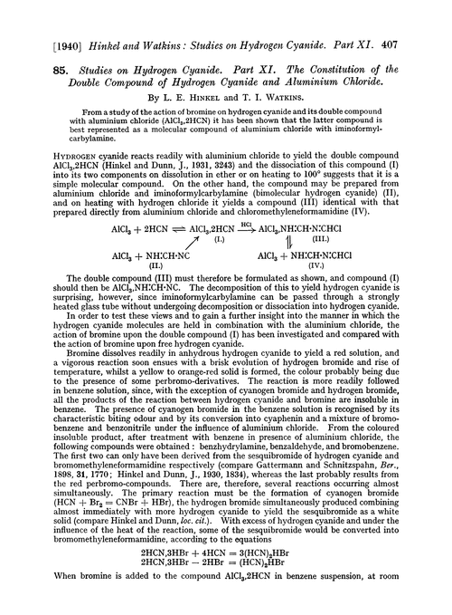 85. Studies on hydrogen cyanide. Part XI. The constitution of the double compound of hydrogen cyanide and aluminium chloride