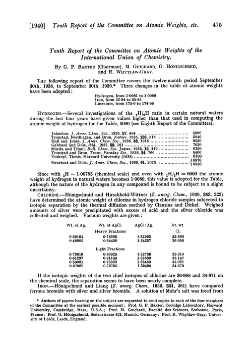 Tenth Report of the Committee on Atomic Weights of the International Union of Chemistry