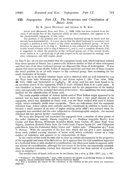 133. Sapogenins. Part IX. The occurrence and constitution of bassic acid