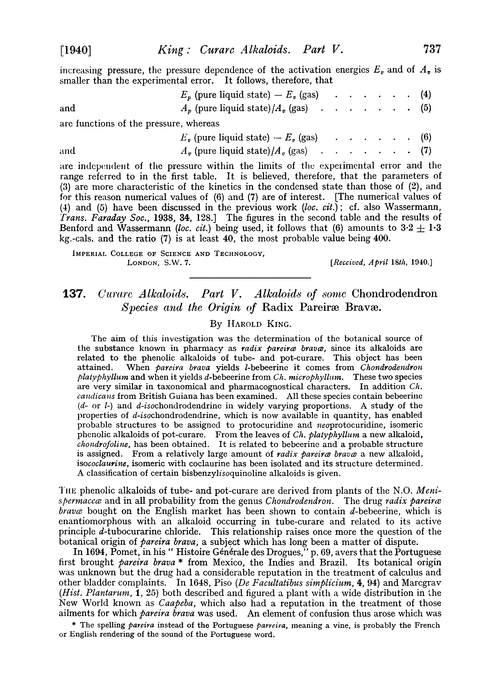137. Curare alkaloids. Part V. Alkaloids of some Chondrodendron species and the origin of radix pareiræ bravæ