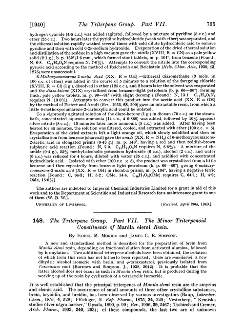 148. The triterpene group. Part VII. The minor triterpenoid constituents of Manila elemi resin
