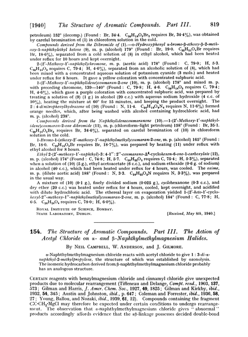 154. The structure of aromatic compounds. Part III. The action of acetyl chloride on α and β-naphthylmethylmagnesium halides