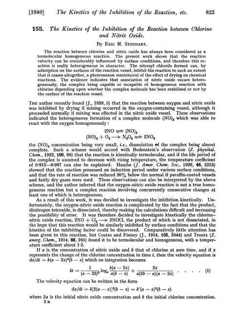 155. The kinetics of the inhibition of the reaction between chlorine and nitric oxide