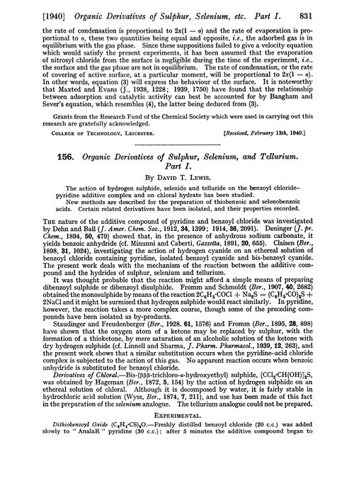 156. Organic derivatives of sulphur, selenium, and tellurium. Part I