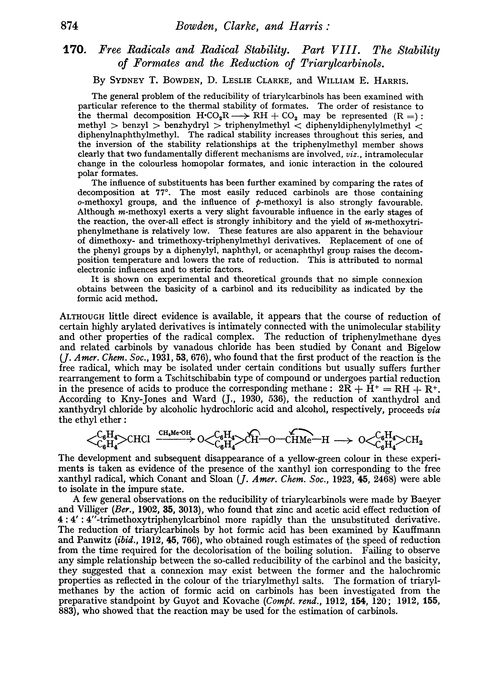 170. Free radicals and radical stability. Part VIII. The stability of formates and the reduction of triarylcarbinols