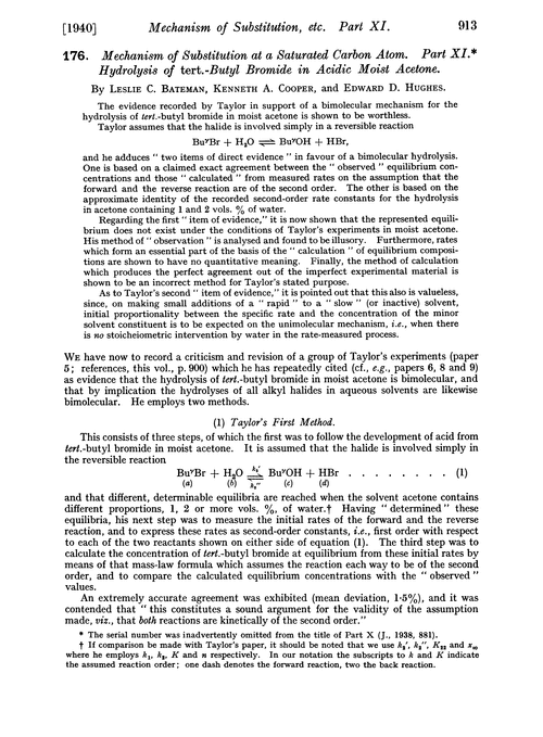 176. Mechanism of substitution at a saturated carbon atom. Part XI. Hydrolysis of tert.-butyl bromide in acidic moist acetone