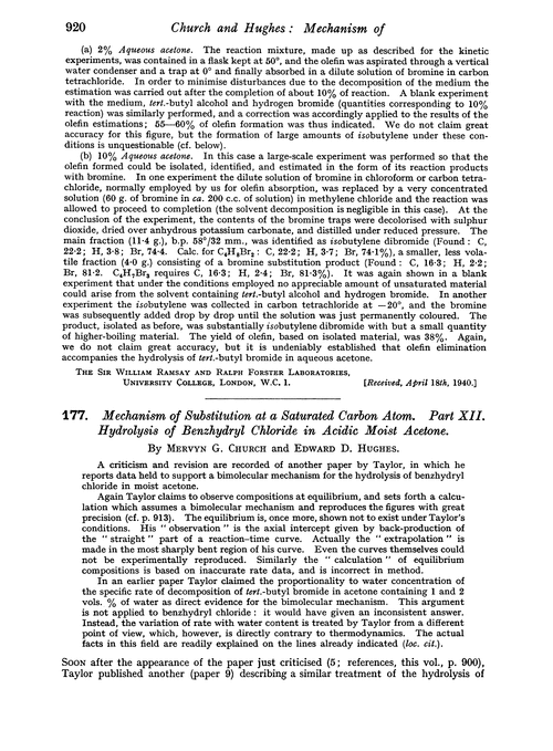 177. Mechanism of substitution at a saturated carbon atom. Part XII. Hydrolysis of benzhydryl chloride in acidic moist acetone
