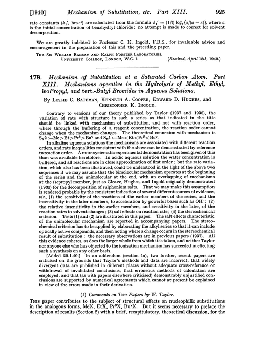 178. Mechanism of substitution at a saturated carbon atom. Part XIII. Mechanisms operative in the hydrolysis of methyl, ethyl, isopropyl, and tert.-butyl bromides in aqueous solutions