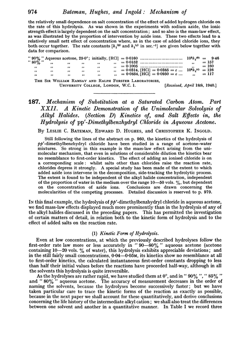 187. Mechanism of substitution at a saturated carbon atom. Part XXII. A kinetic demonstration of the unimolecular solvolysis of alkyl halides. (Section D) kinetics of, and salt effects in, the hydrolysis of pp′-dimethylbenzhydryl chloride in aqueous acetone