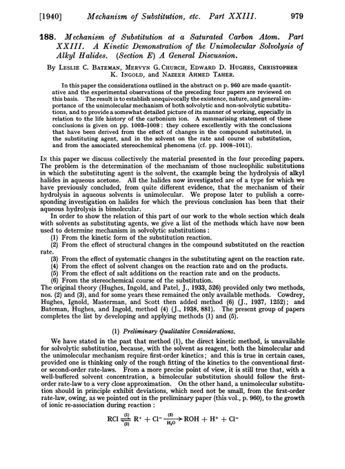 188. Mechanism of substitution at a saturated carbon atom. Part XXIII. A kinetic demonstration of the unimolecular solvolysis of alkyl halides. (Section E) a general discussion