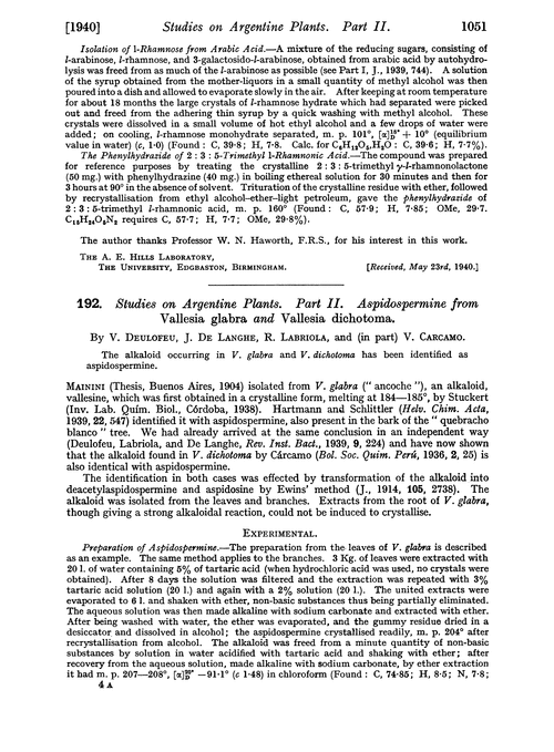 192. Studies on argentine plants. Part II. Aspidospermine from Vallesia glabra and Vallesia dichotoma