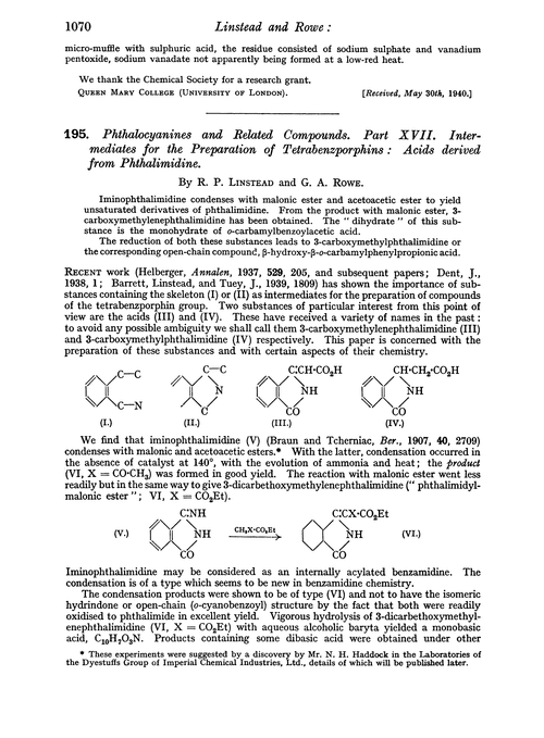 195. Phthalocyanines and related compounds. Part XVII. Intermediates for the preparation of tetrabenzporphins : acids derived from phthalimidine