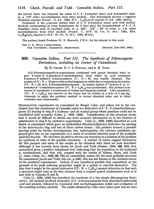 205. Cannabis indica. Part III. The synthesis of dibenzopyran derivatives, including an isomer of cannabinol