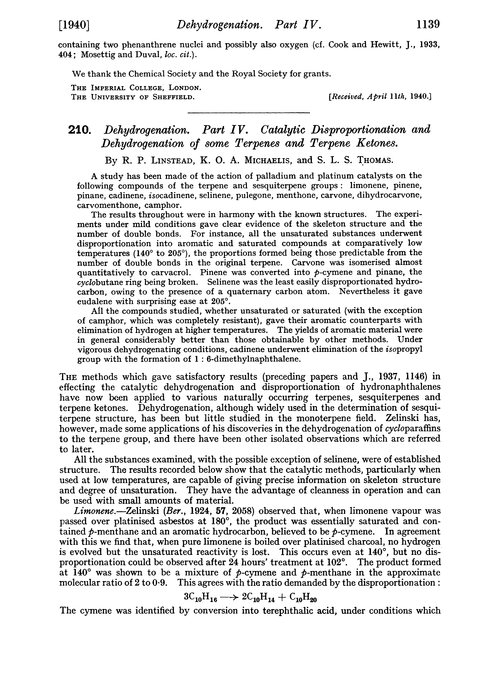 210. Dehydrogenation. Part IV. Catalytic disproportionation and dehydrogenation of some terpenes and terpene ketones