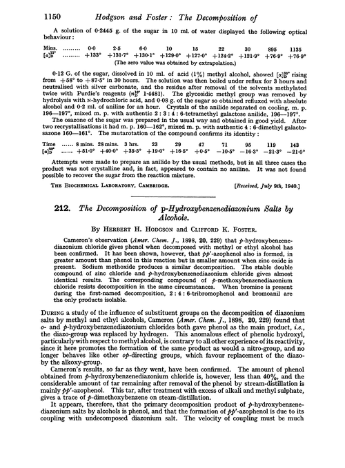 212. The decomposition of p-hydroxybenzenediazonium salts by alcohols