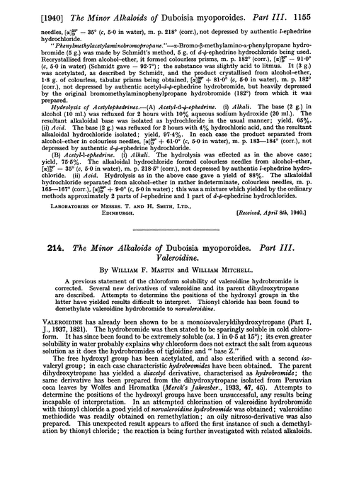 214. The minor alkaloids of Duboisia myoporoides. Part III. Valeroidine