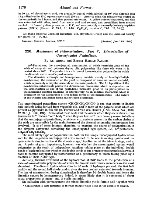 220. Mechanism of polymerisation. Part V. Dimerisation of unconjugated pentadiene