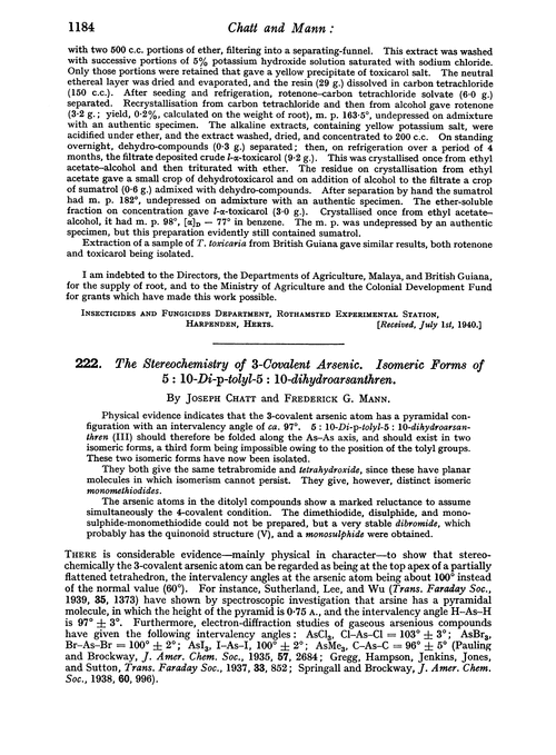 222. The stereochemistry of 3-covalent arsenic. Isomeric forms of 5 : 10-di-p-tolyl-5 : 10-dihydroarsanthren