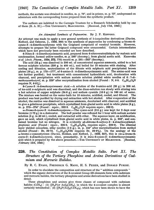 228. The constitution of complex metallic salts. Part XI. The structure of the tertiary phosphine and arsine derivatives of cadmium and mercuric halides