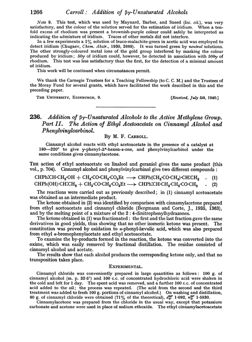 236. Addition of βγ-unsaturated alcohols to the active methylene group. Part II. The action of ethyl acetoacetate on cinnamyl alcohol and phenylvinylcarbinol