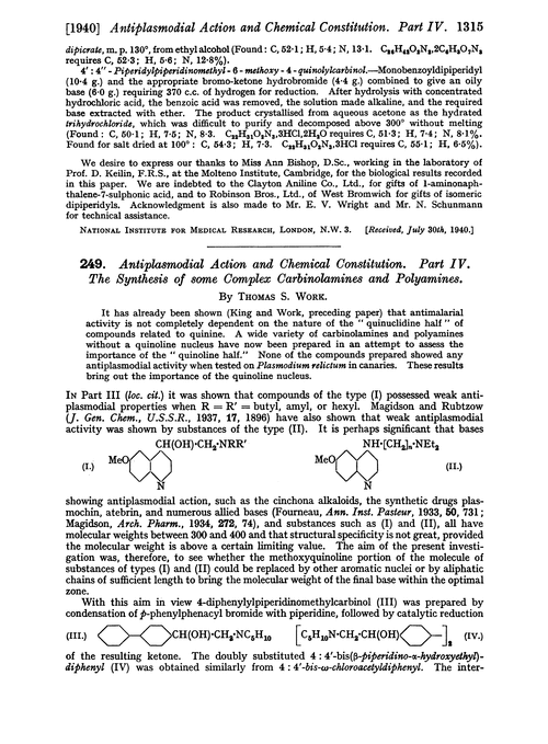 249. Antiplasmodial action and chemical constitution. Part IV. The synthesis of some complex carbinolamines and polyamines