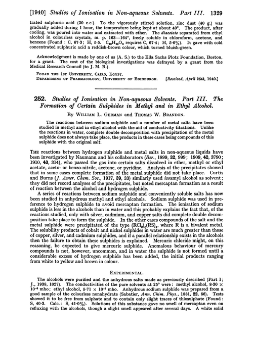 252. Studies of ionisation in non-aqueous solvents. Part III. The formation of certain sulphides in methyl and in ethyl alcohol