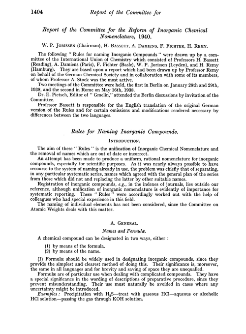 Report of the Committee for the Reform of Inorganic Chemical Nomenclature, 1940