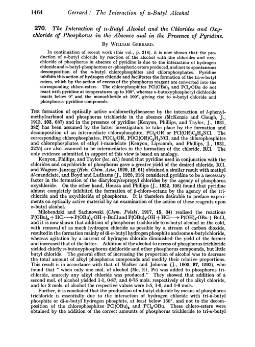 270. The interaction of n-butyl alcohol and the chlorides and oxychloride of phosphorus in the absence and in the presence of pyridine