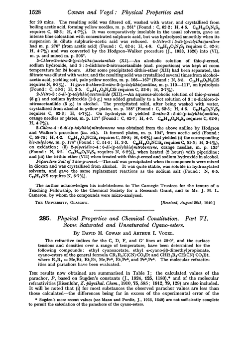 285. Physical properties and chemical constitution. Part VI. Some saturated and unsaturated cyano-esters