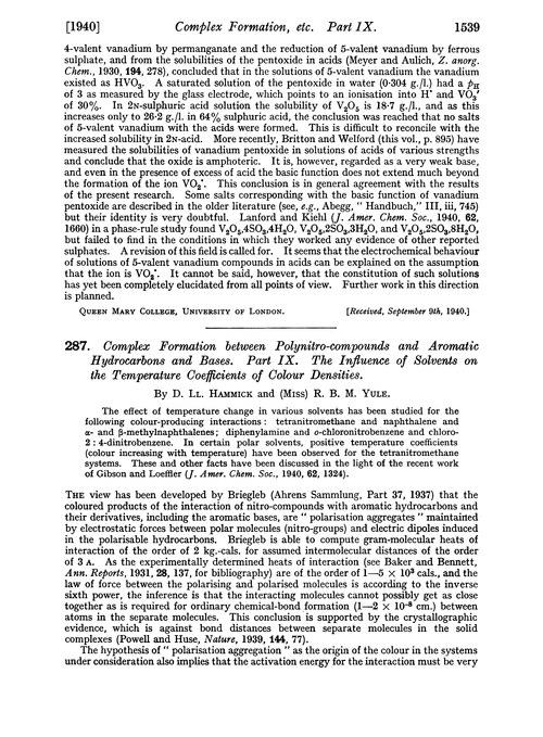 287. Complex formation between polynitro-compounds and aromatic hydrocarbons and bases. Part IX. The influence of solvents on the temperature coefficients of colour densities
