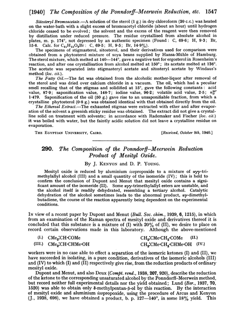 290. The composition of the Ponndorff–Meerwein reduction product of mesityl oxide