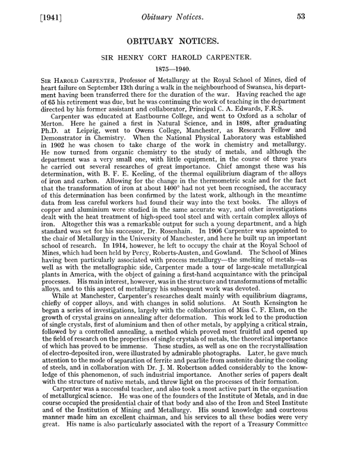 Obituary notices: Sir Henry Cort Harold Carpenter, 1875–1940; Alexander Charles Cumming, 1880–1940; Sir Robert Abbott Hadfield, 1858–1940; Edward William Lucas, 1864–1940; Christopher Rawson, 1860–1940; Norman Thomas Mortimer Wilsmore, 1868–1940
