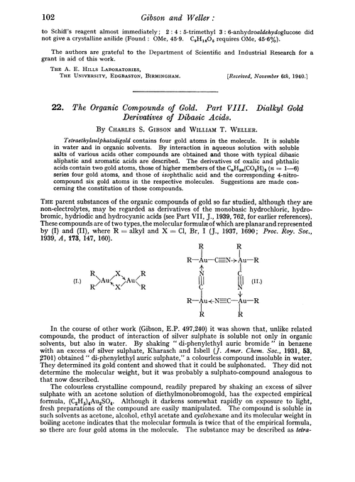 22. The organic compounds of gold. Part VIII. Dialkyl gold derivatives of dibasic acids