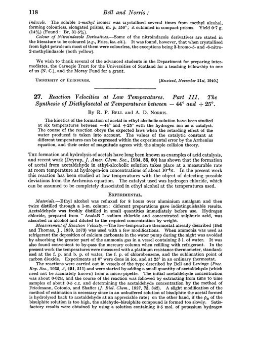 27. Reaction velocities at low temperatures. Part III. The synthesis of diethylacetal at temperatures between –44° and + 25°