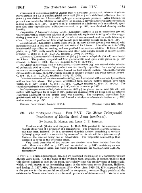 39. The triterpene group. Part VIII. The minor triterpenoid constituents of Manila elemi resin (continued)